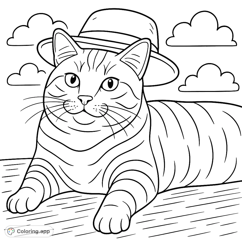 An adorable cat wearing a stylish hat, lying comfortably on a textured surface. This free printable cat coloring page is perfect for all ages.