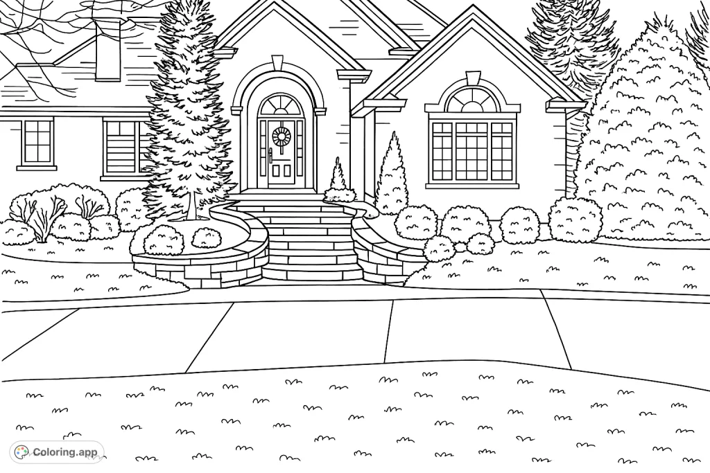 Explore a grand suburban home featuring a sweeping stone staircase, elegant arched entrance, and meticulously landscaped gardens. Perfect for detailed coloring.