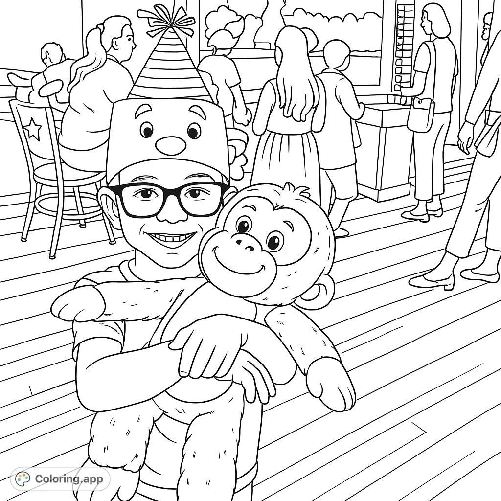 A cheerful child in glasses and a bear-themed party hat, hugging a friendly plush monkey. This delightful scene offers a fun coloring adventure.
