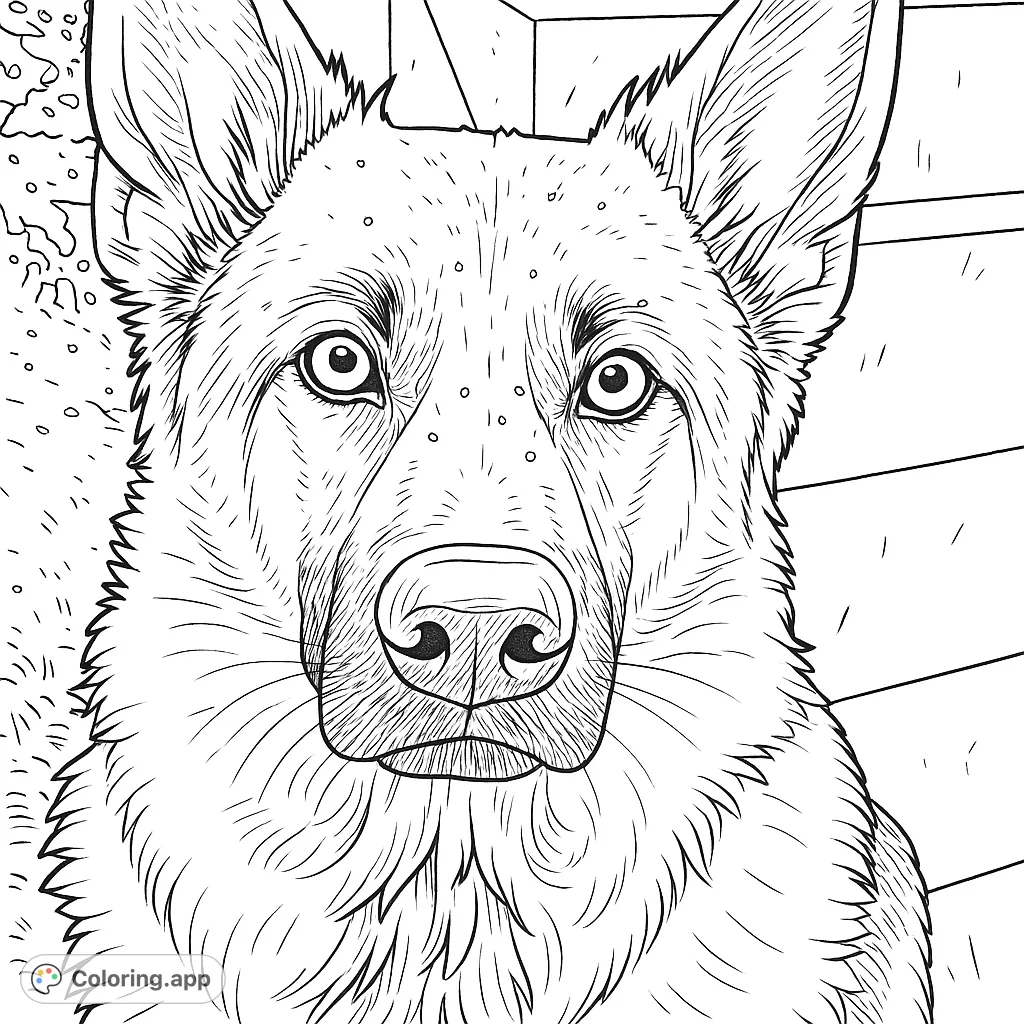 A detailed German Shepherd coloring page featuring a majestic dog in a close-up portrait, perfect for animal lovers. Enjoy bringing this loyal companion to life.