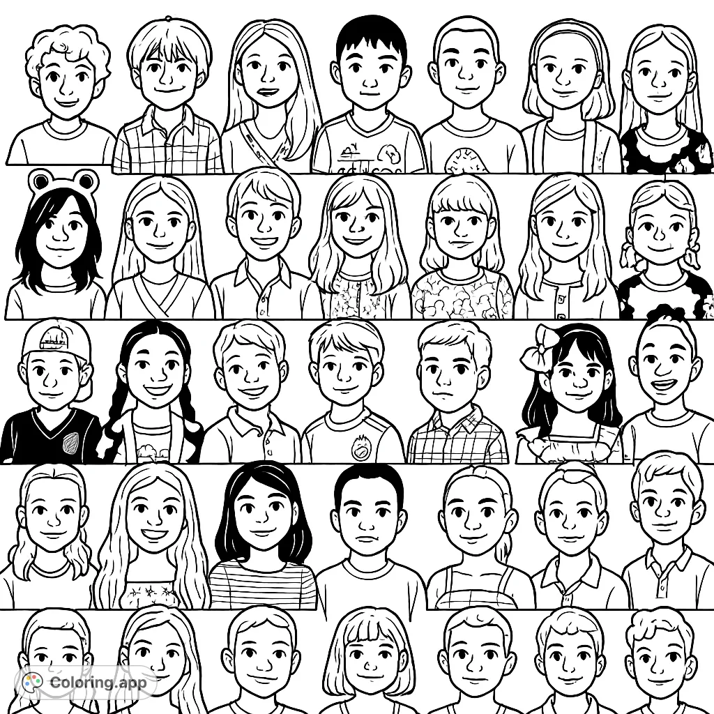 Explore a captivating cartoony coloring page featuring a grid of diverse children's portraits. Perfect for practicing various skin tones and hair textures.