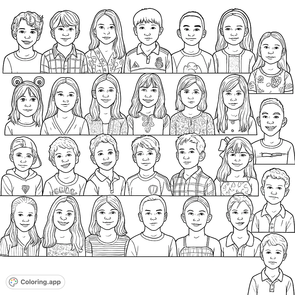 Explore a collection of diverse young faces, each with unique features, hairstyles, and clothing patterns. A delightful coloring page for all ages to enjoy.