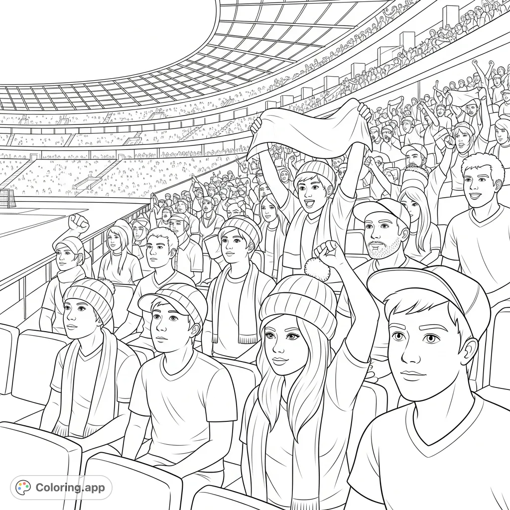 Experience the thrill of a soccer match! This free printable coloring page captures a close-up of enthusiastic fans, stadium seats, and the grandstand structure, offering a vibrant scene.