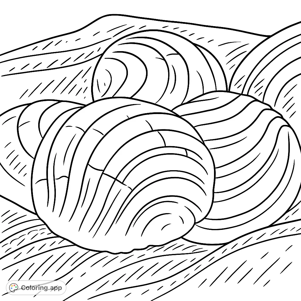 Savor the charm of Mexican sweet breads with this concha coloring page! Featuring multiple shell-patterned pastries on a textured fabric. A delightful and intricate coloring experience.