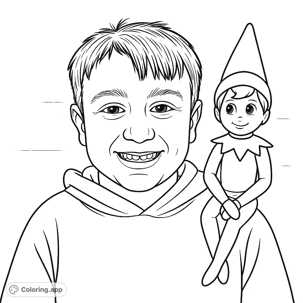 A cheerful boy with a wide smile and a missing tooth sports a cozy hoodie, joined by a playful elf on the shelf on his shoulder. A delightful scene for all ages!