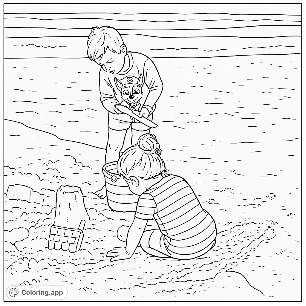 A delightful coloring page of two children building sandcastles on a sunny beach, with ocean waves in the background.