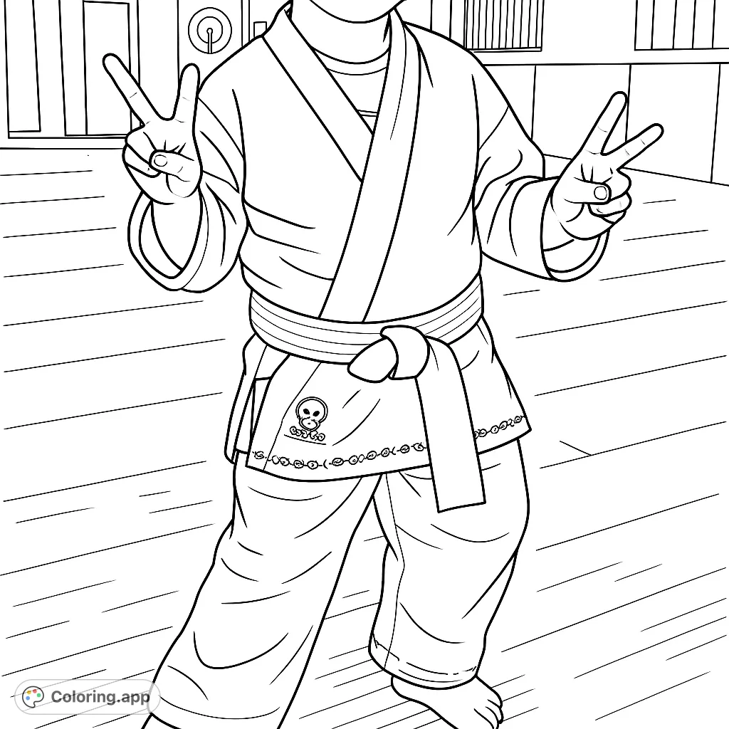 A confident child in a martial arts uniform poses with peace and thumbs-up signs, ready for action in the dojo. A fun coloring page for aspiring martial artists.