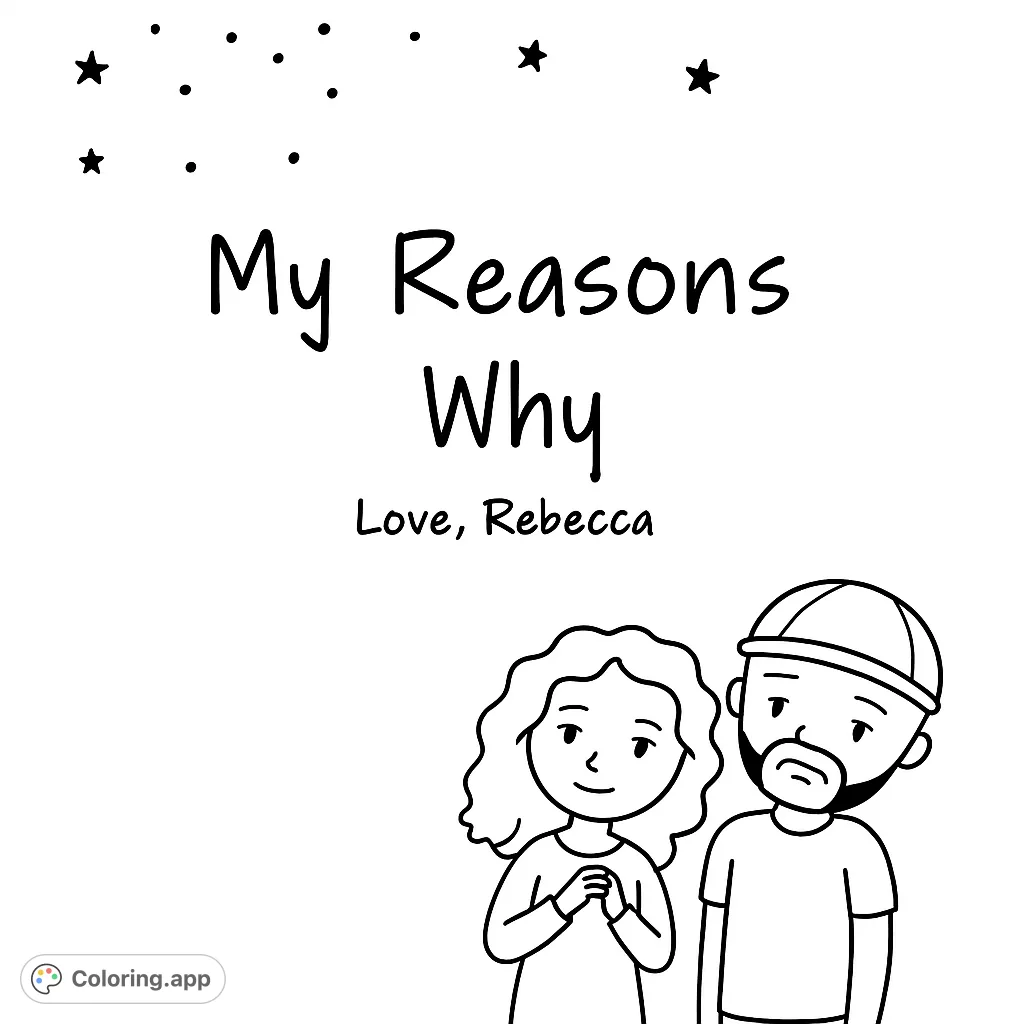 A charming coloring page featuring a cartoon couple beneath a starry sky, with an affectionate message, perfect for expressing feelings and creative coloring.
