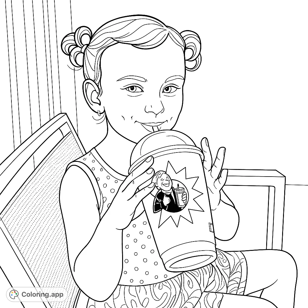 A charming young girl with pigtails sips from a tall cup featuring a character graphic, enjoying a refreshing moment on a patio.