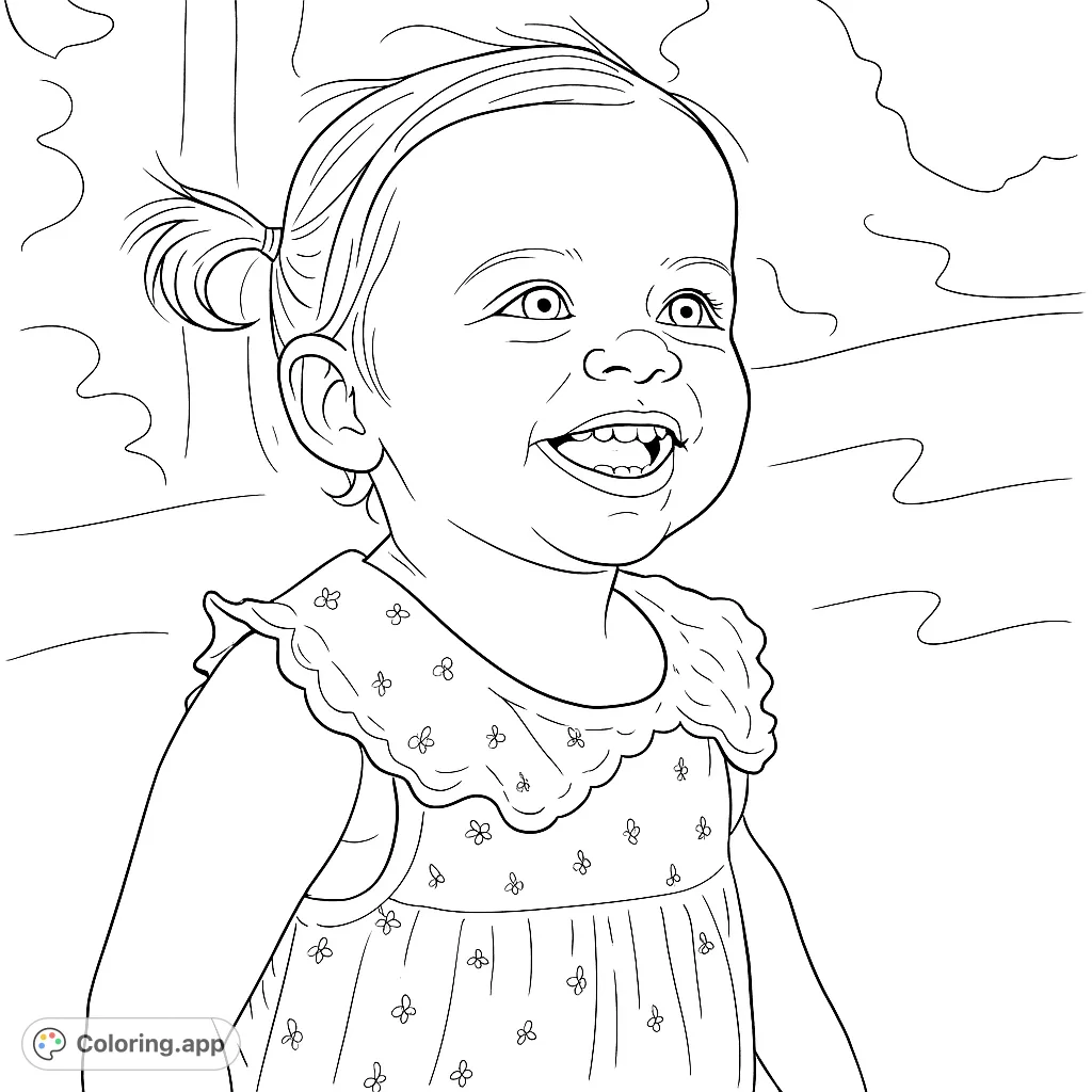 Capture the pure joy of a smiling toddler with pigtails and a charming ruffled dress. A delightful and heartwarming scene for all ages.