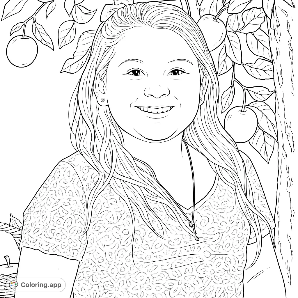 Capture the joyful spirit of a smiling girl in an apple orchard, with a textured top and delicate details. Perfect for a relaxing coloring experience.