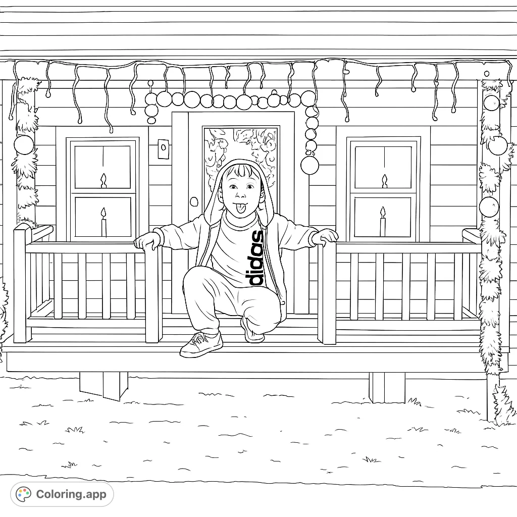 A detailed holiday coloring page featuring a child on a charming, light-decorated porch, perfect for festive relaxation and creative expression.