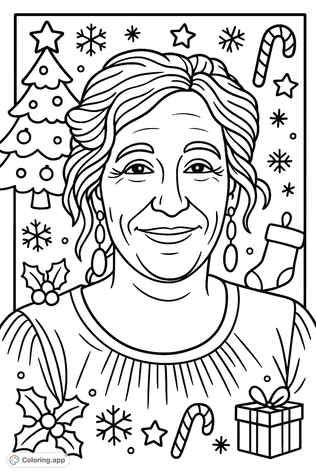 A heartwarming portrait of a smiling woman, perfect for a cozy Christmas coloring page. Enjoy coloring this friendly face with a cartoony style.