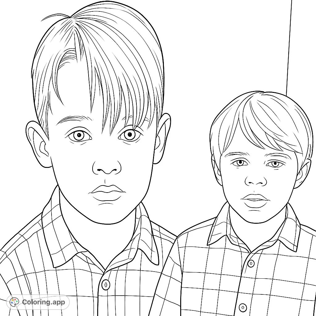 Two young boys, one a projection, share a similar gaze in this engaging portrait. Perfect for exploring expressions and patterns on their plaid shirts. A unique shared gaze coloring page.