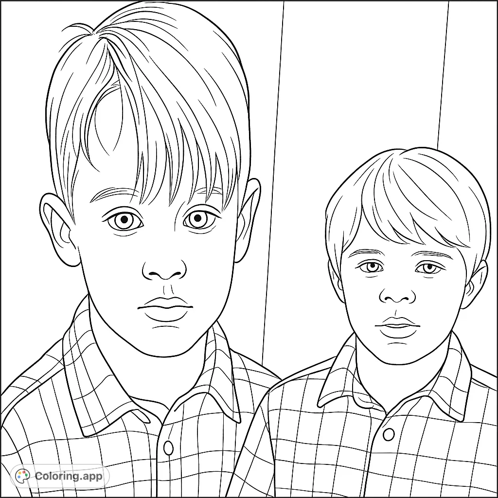 A unique coloring page featuring two young boys, one a large projection and the other standing beside him, both in plaid shirts with similar youthful looks.