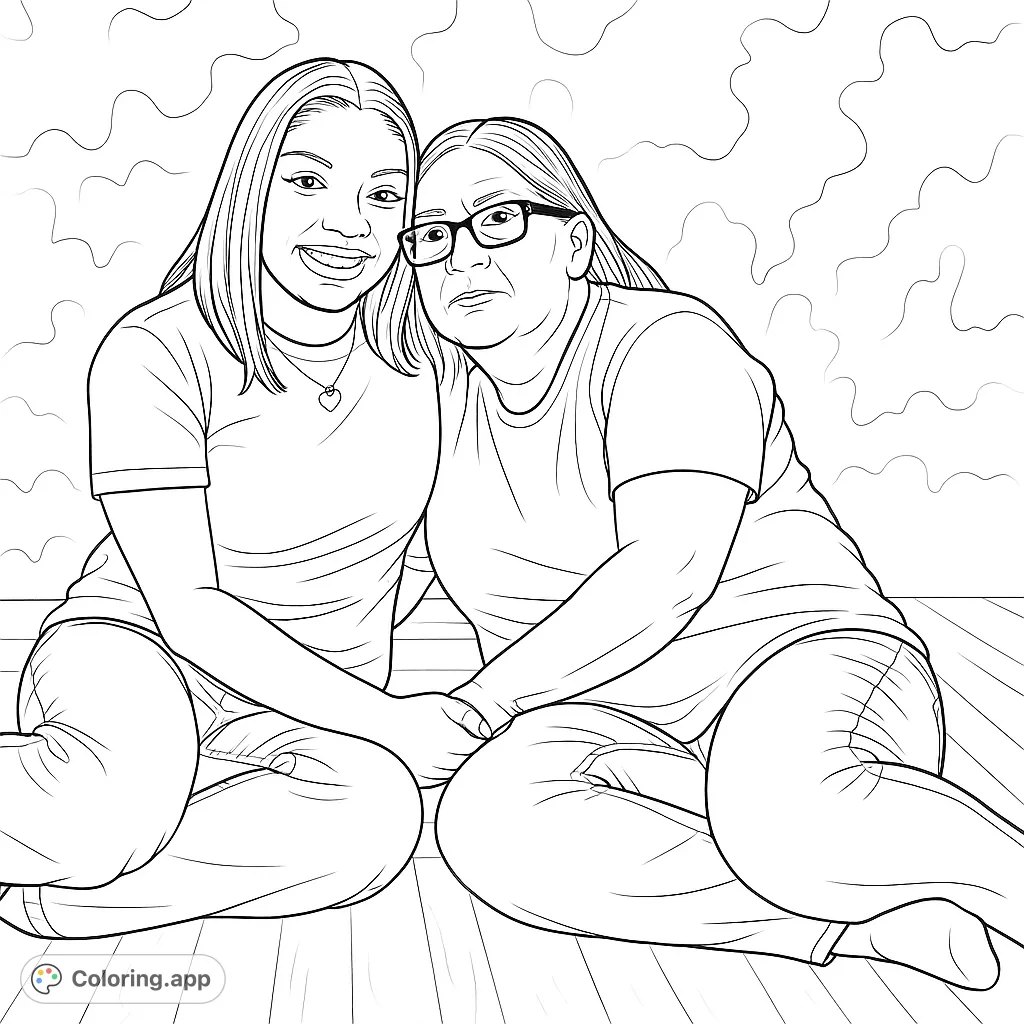 A heartwarming family coloring page featuring two women sharing a loving embrace, perfect for celebrating family bonds and creating cherished memories.