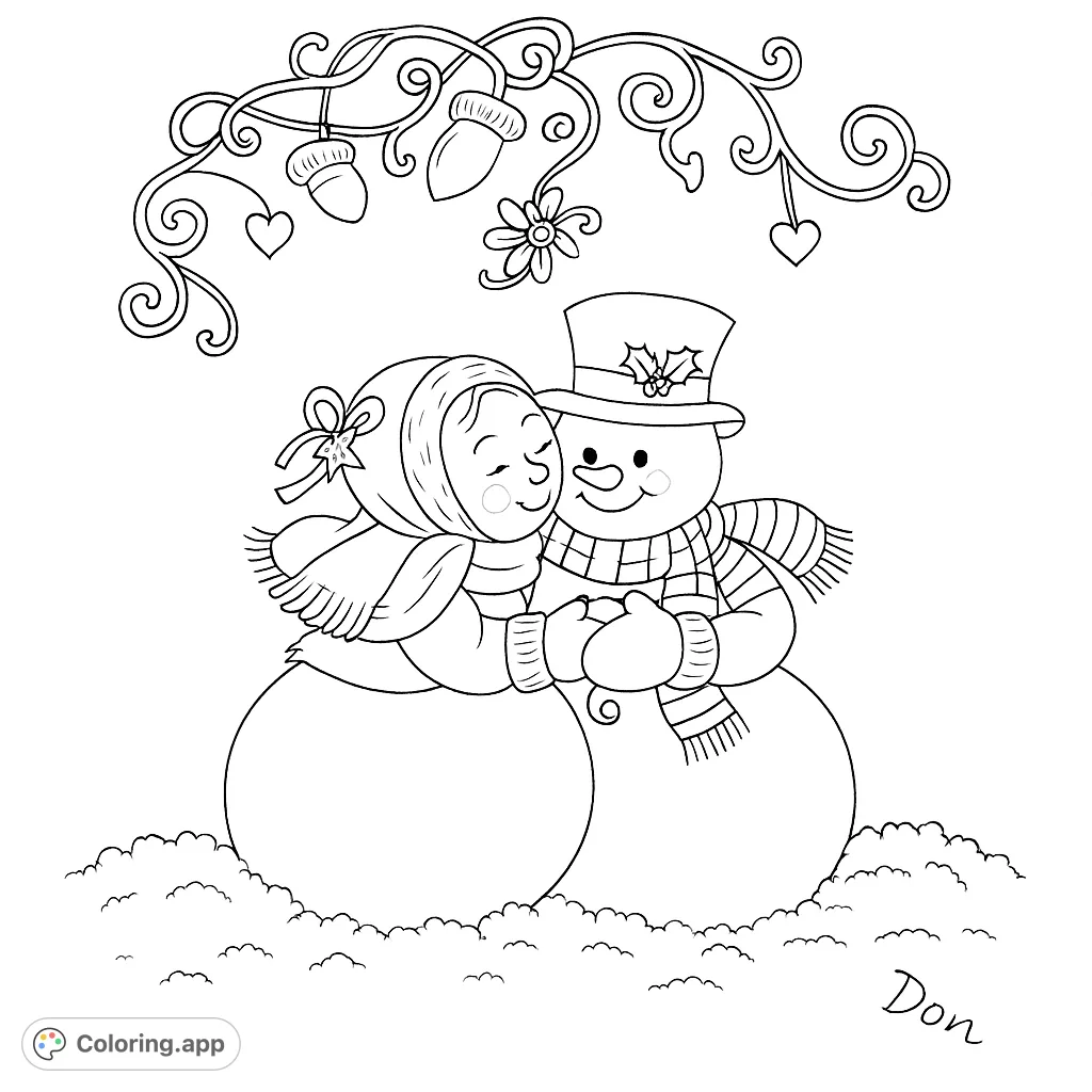A heartwarming winter scene featuring two snow figures sharing an affectionate moment, adorned with festive scarves, hats, and decorative vines with mittens and berries. Perfect for holiday cheer.