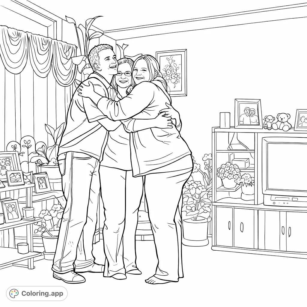 Capture a heartwarming moment of three people sharing a tight hug, surrounded by home comforts. A perfect family-themed coloring page for all ages.