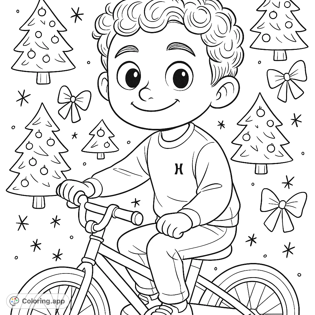 A cheerful boy on his bicycle smiles amidst a festive pattern of decorated evergreen trees and bows. Enjoy this holiday-themed coloring page for kids!