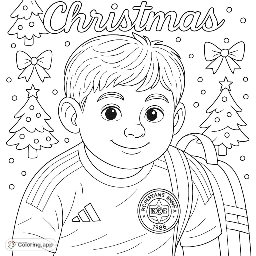 A delightful festive scene featuring a smiling boy surrounded by decorated evergreen trees, bows, and holiday cheer. Perfect for a merry Christmas coloring page!
