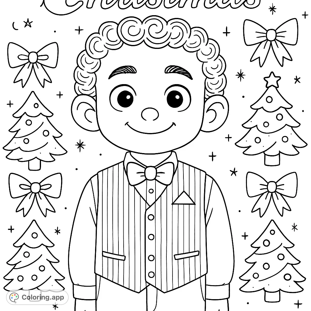 A charming coloring page featuring a smiling boy in festive attire, surrounded by decorated trees, bows, and stars, perfect for holiday creativity.