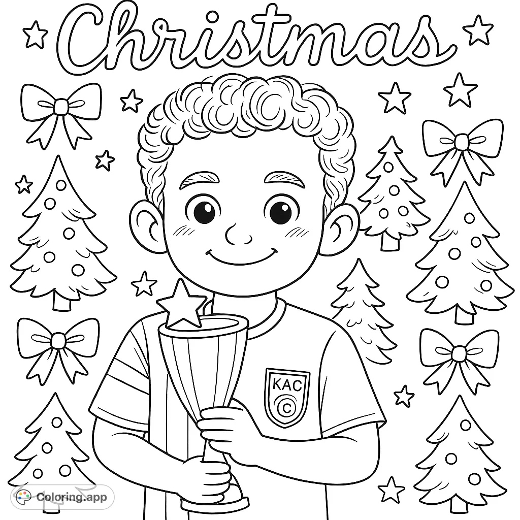 Celebrate the season with this cheerful boy holding a trophy, surrounded by festive trees, bows, and stars. Perfect for holiday coloring fun!