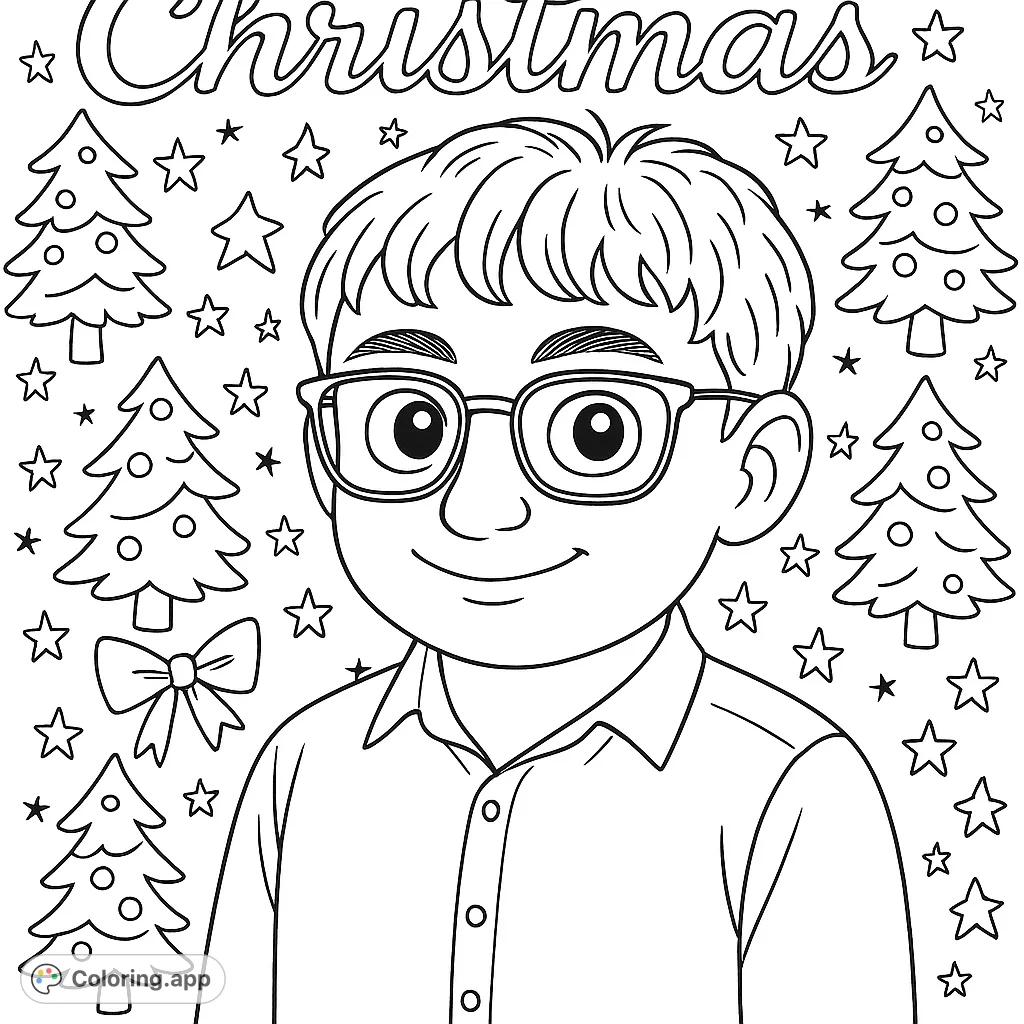 A charming portrait amidst a whimsical backdrop of festive trees, bows, and stars, perfect for holiday cheer. Download this Christmas coloring page for fun!