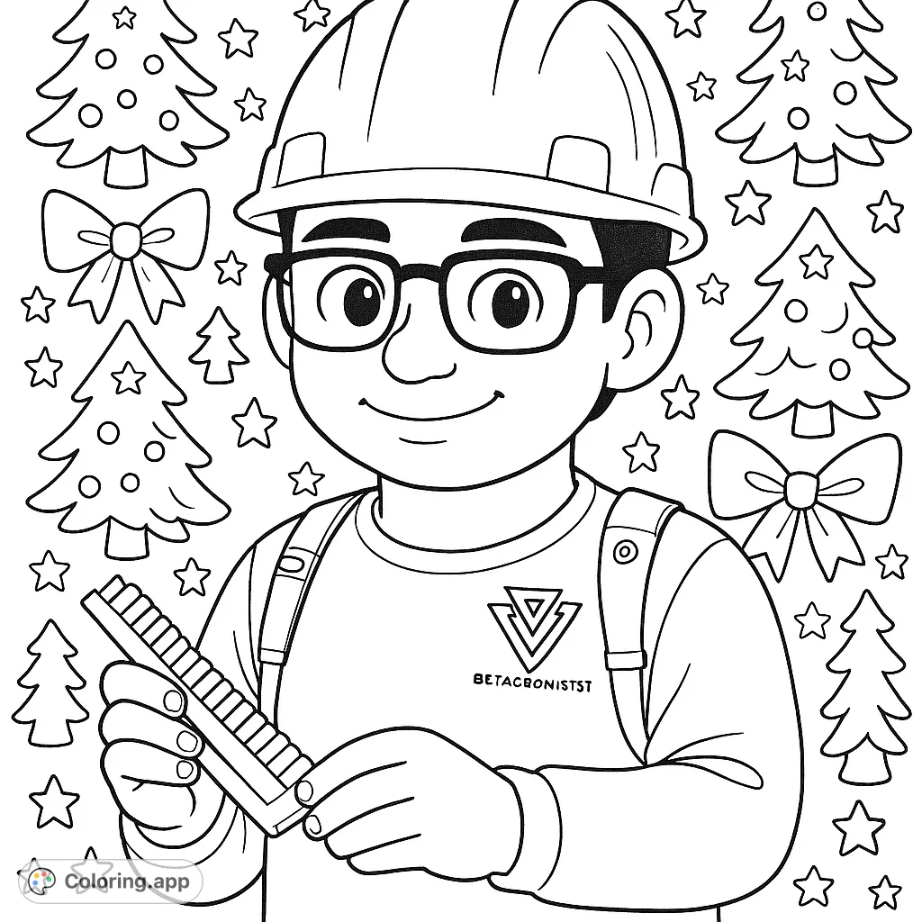 A charming coloring page featuring a smiling worker in a hard hat and glasses, holding a tool amidst a festive background of decorated trees, bows, and stars. Perfect for holiday cheer!