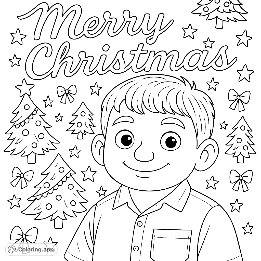 A delightful festive coloring page featuring a smiling boy surrounded by decorated Christmas trees, bows, and stars, perfect for holiday cheer!