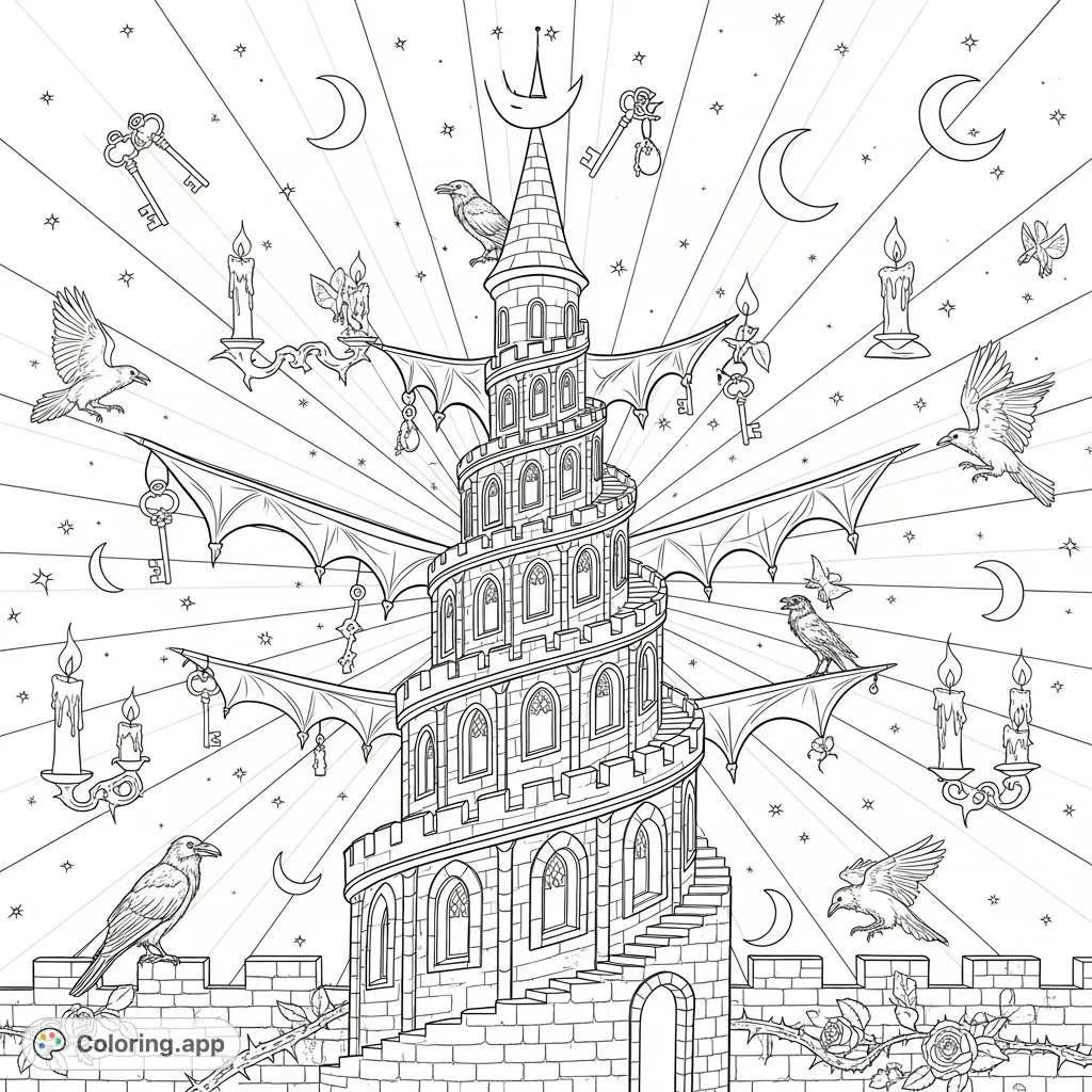 Unveil a mysterious castle turret mandala with spiraling stairs, arched windows, and battlements, adorned with ravens, moons, and thorny roses for a captivating experience.