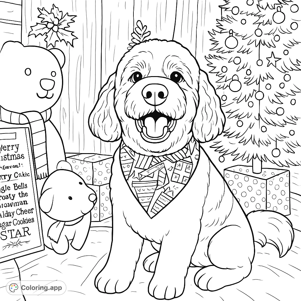 A delightful dog sporting a festive bandana, surrounded by holiday decorations, presents, and plush polar bears, perfect for a joyful coloring experience.
