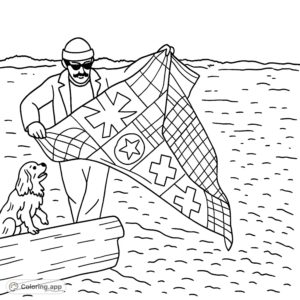 A fun beach day scene featuring a person holding a patterned quilt, with a playful dog nearby. Enjoy coloring the geometric designs and sandy landscape.