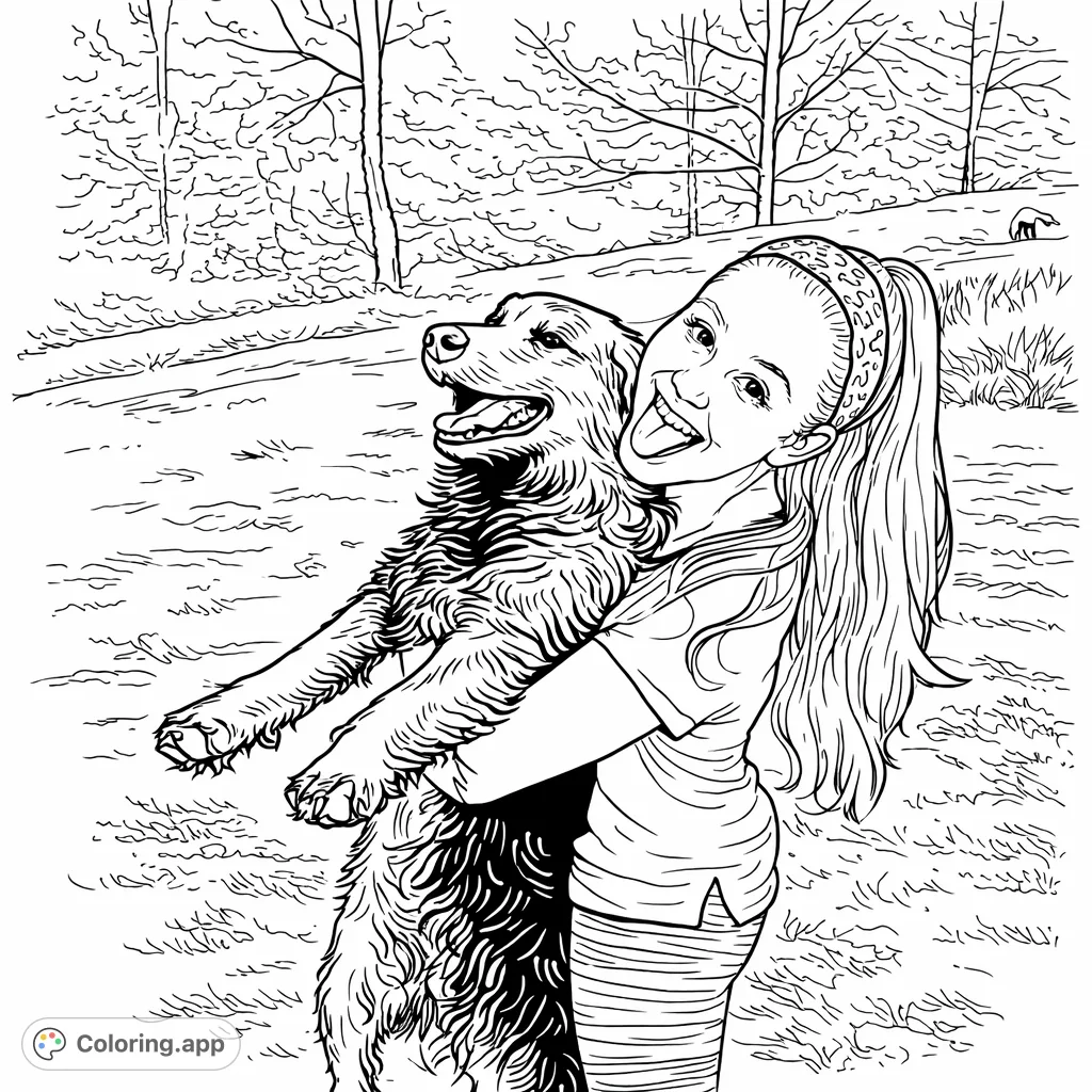 Capture the heartwarming bond of a woman and her joyful dog in an outdoor setting. This happy embrace coloring page is perfect for pet lovers of all ages.