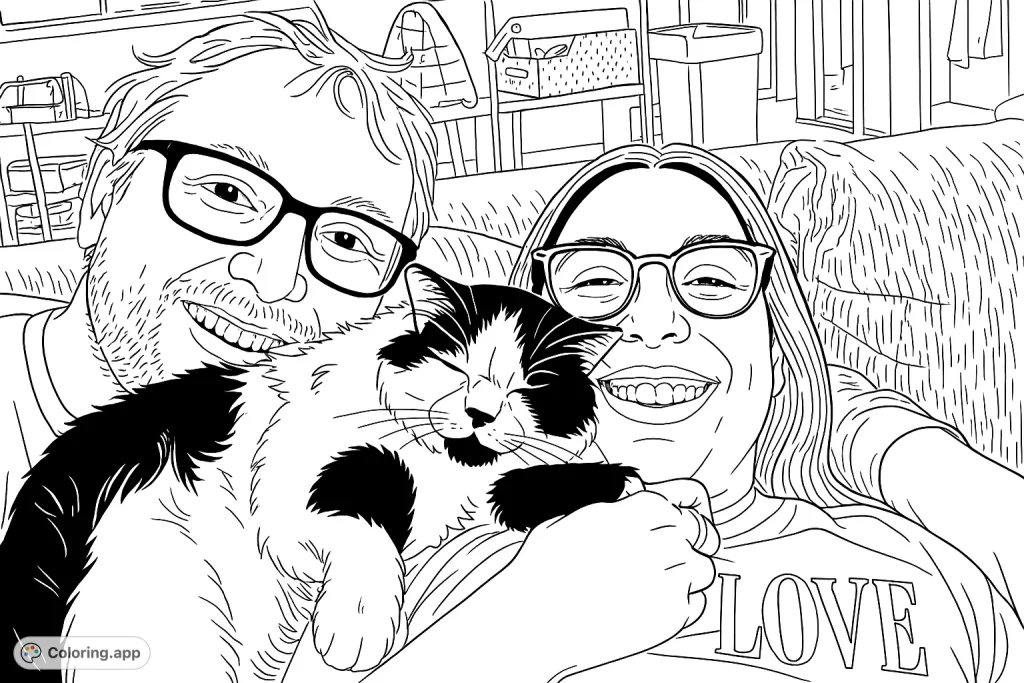 Capture a heartwarming family moment featuring two smiling individuals and their beloved pet cat. A delightful scene perfect for relaxation and creative expression.