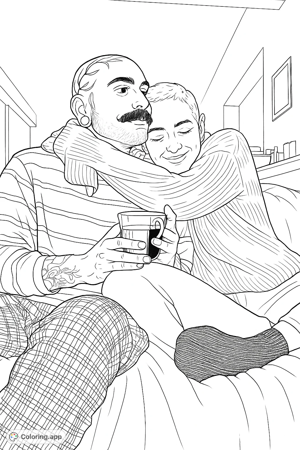 Capture a tender moment of two individuals embracing on a cozy couch, complete with unique body art and warm textures. Perfect for expressive coloring.