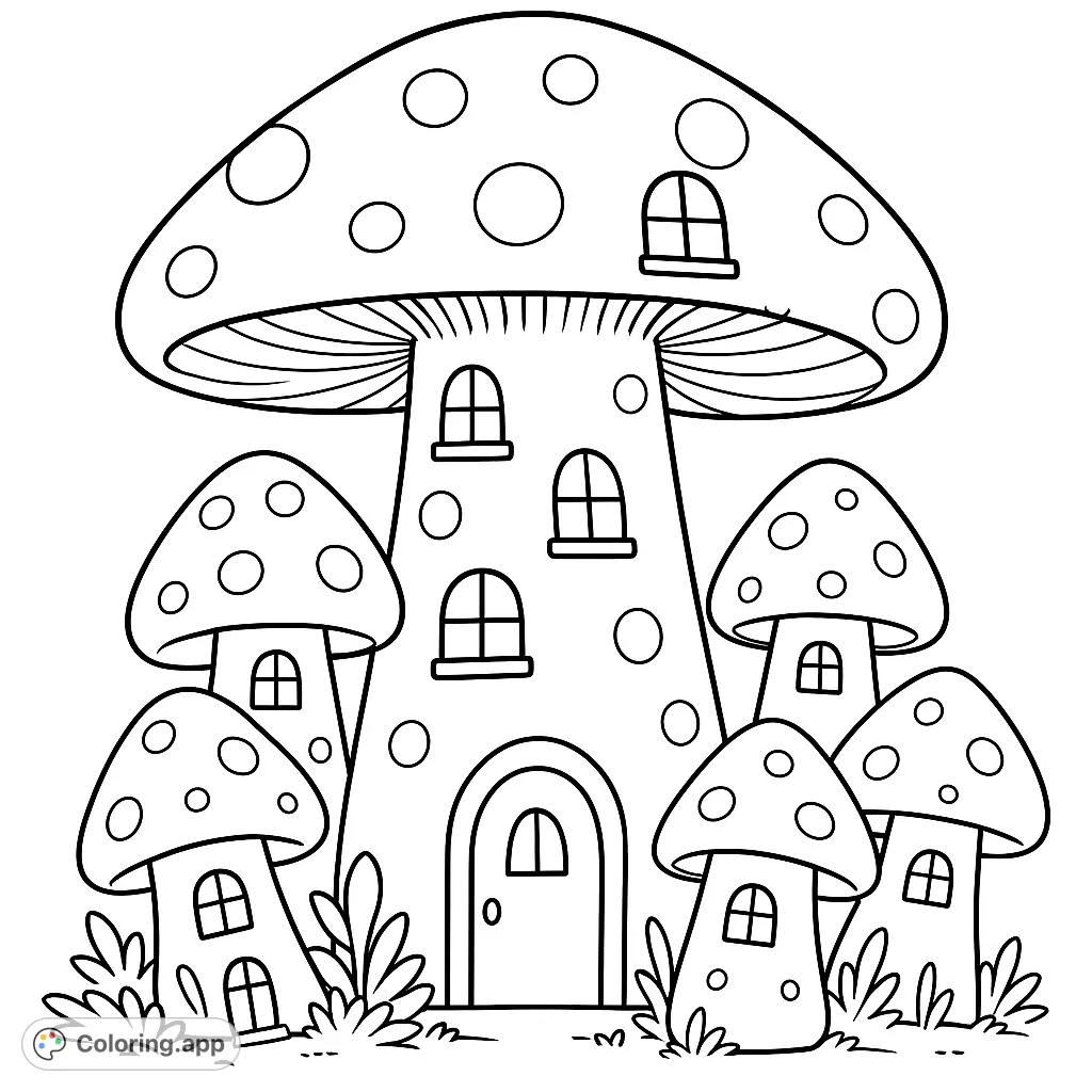 Explore a charming mushroom village with a grand central house and smaller whimsical dwellings. Perfect for a magical coloring adventure!