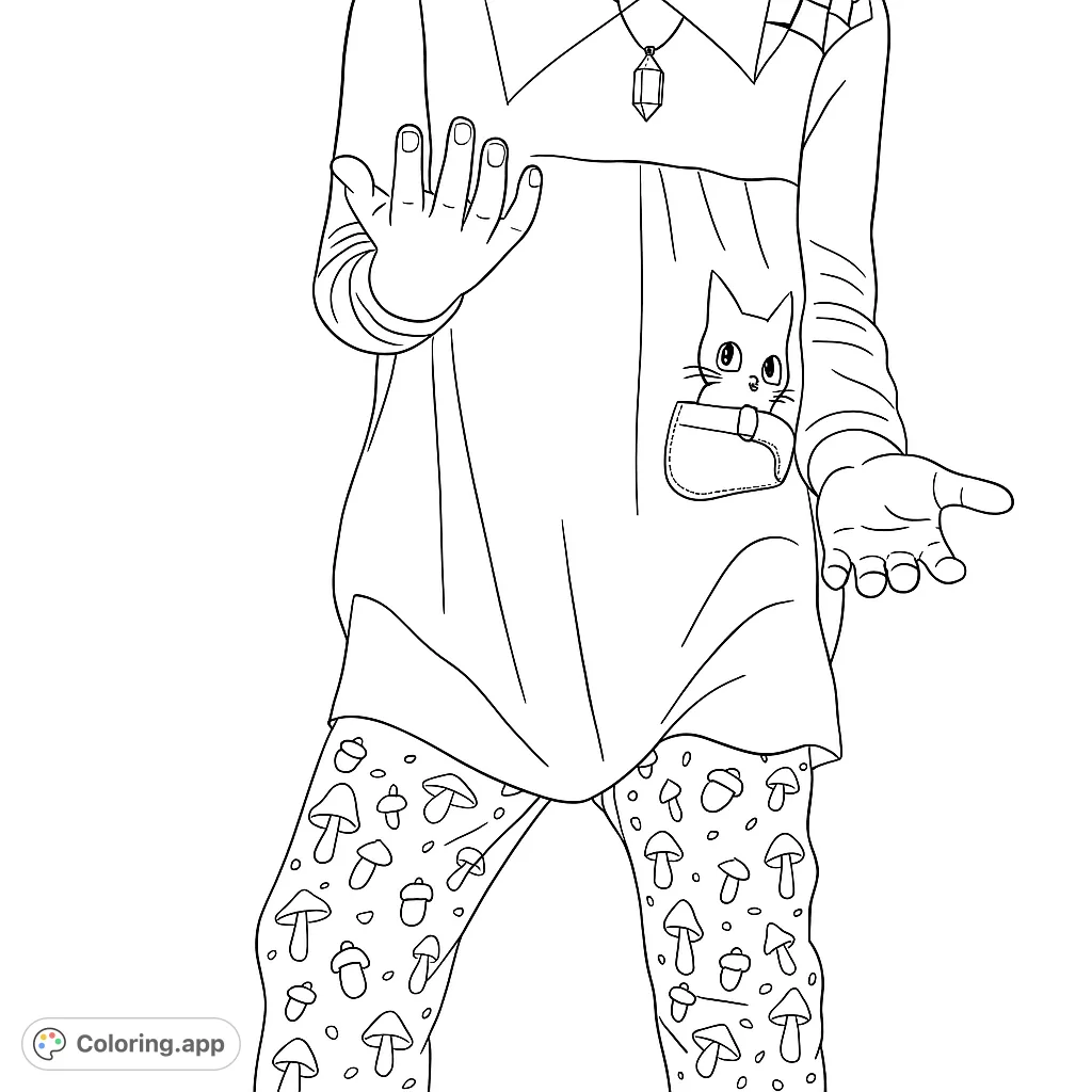 A whimsical coloring page featuring a figure in a cat-themed tunic and bunny-patterned pants, with hands outstretched, inviting creative expression.