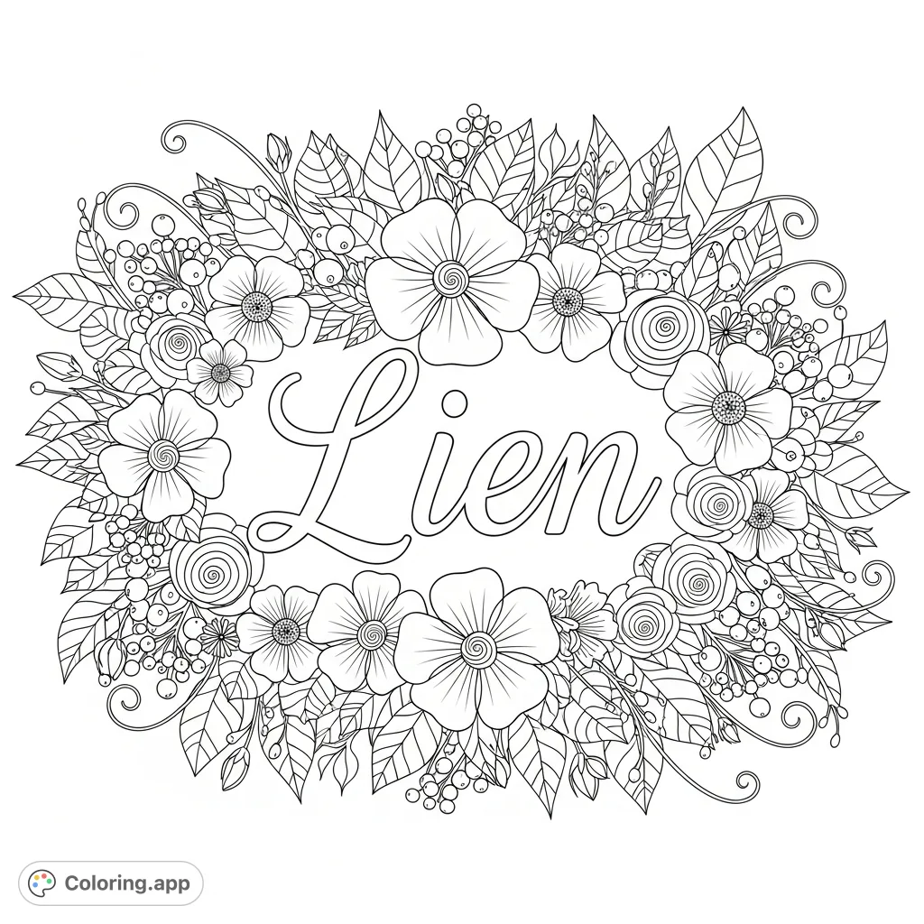 A beautiful "Lien" coloring page featuring the name elegantly scripted and framed by a rich, detailed arrangement of blooming flowers, leaves, and winding vines.