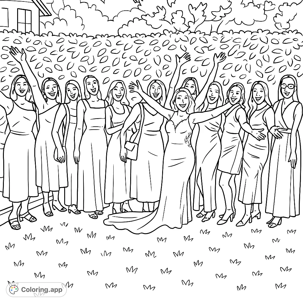 Celebrate friendship with this joyful scene of women in elegant gowns, arms raised in triumph. A festive group portrait ready for your creative touch.