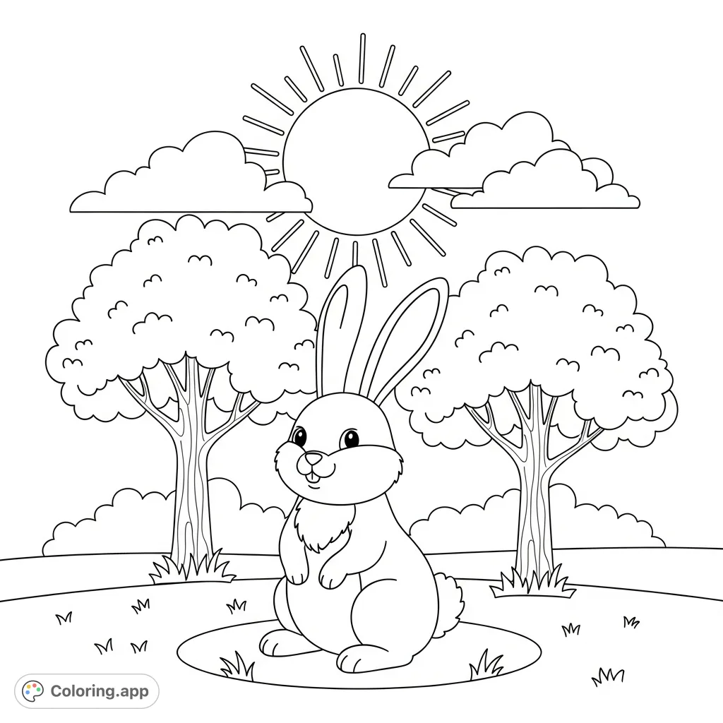 A delightful rabbit sits happily among simple trees under a beaming sun. Perfect for young artists, this easy printable offers fun, creative coloring!