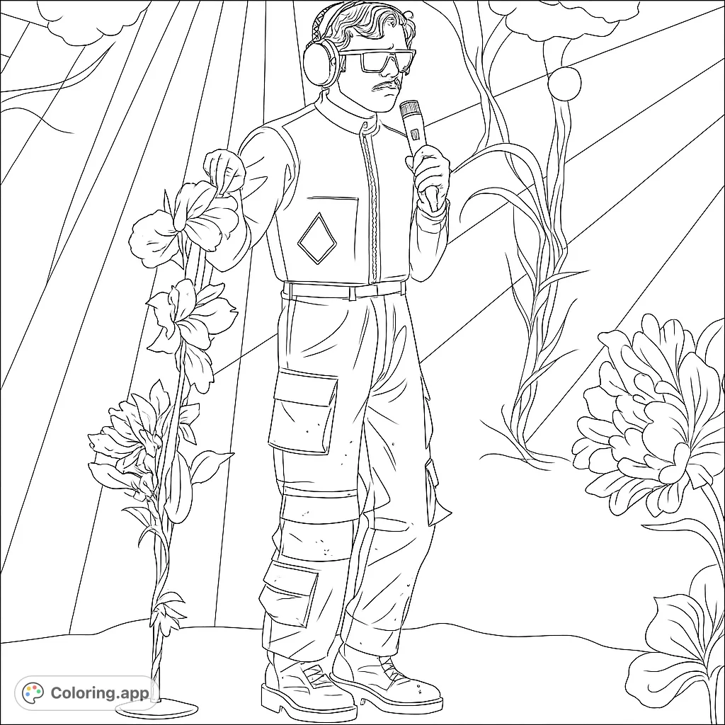 A dynamic performer on stage, clad in a detailed suit, holding a microphone and a flowing floral garland amidst dramatic lights and stylized flora.