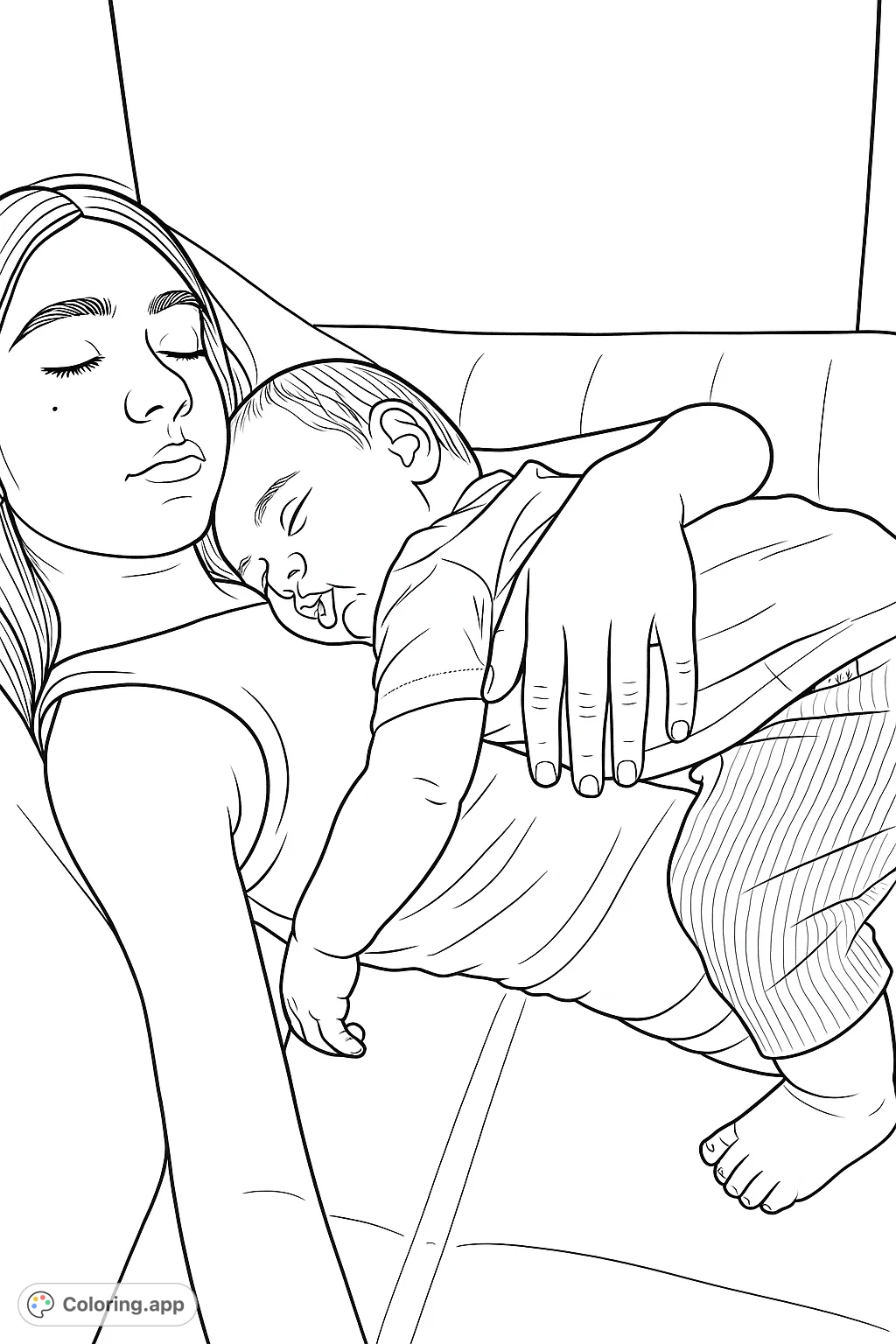 Capture the tender bond of siblings with this heartwarming coloring page featuring an older child holding a sleeping baby. A serene moment of quiet affection, ready for your creative touch.