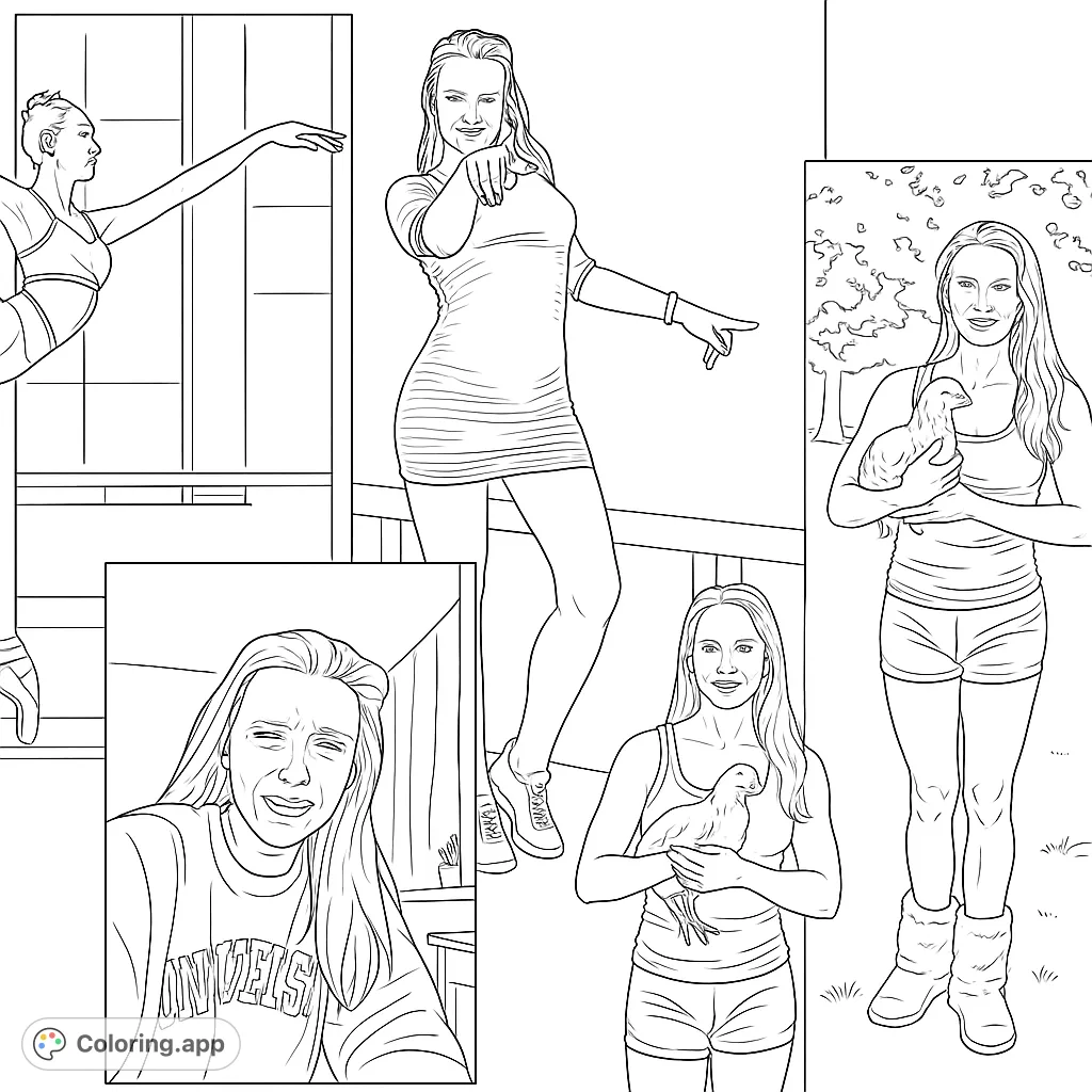 Explore a unique collage featuring figures in various activities and emotions: dancing, holding an animal, and expressing feelings. A versatile coloring page.