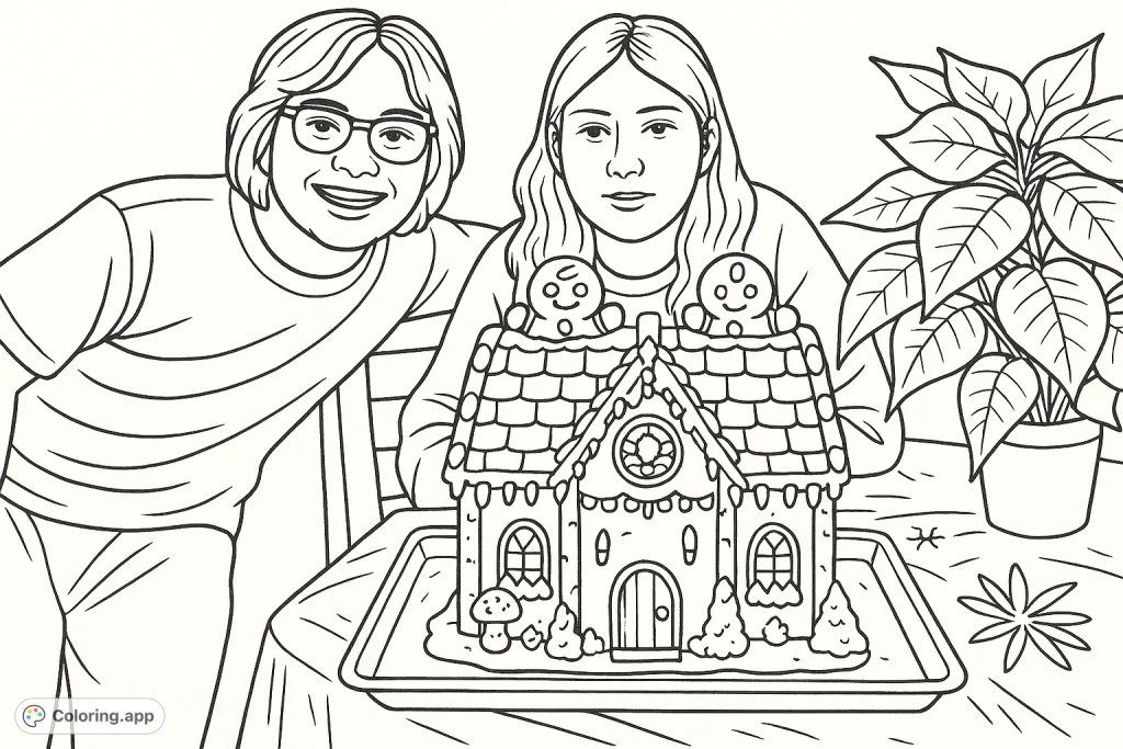 A charming, simple vintage gingerbread house, lovingly decorated, featuring festive details and two happy individuals. Perfect for a cozy holiday coloring session.