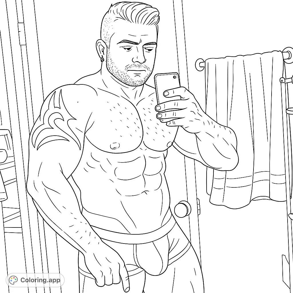 Explore a powerful male physique with defined muscles and a striking tribal tattoo. A captivating pose in a modern setting, perfect for detailed artistic expression.