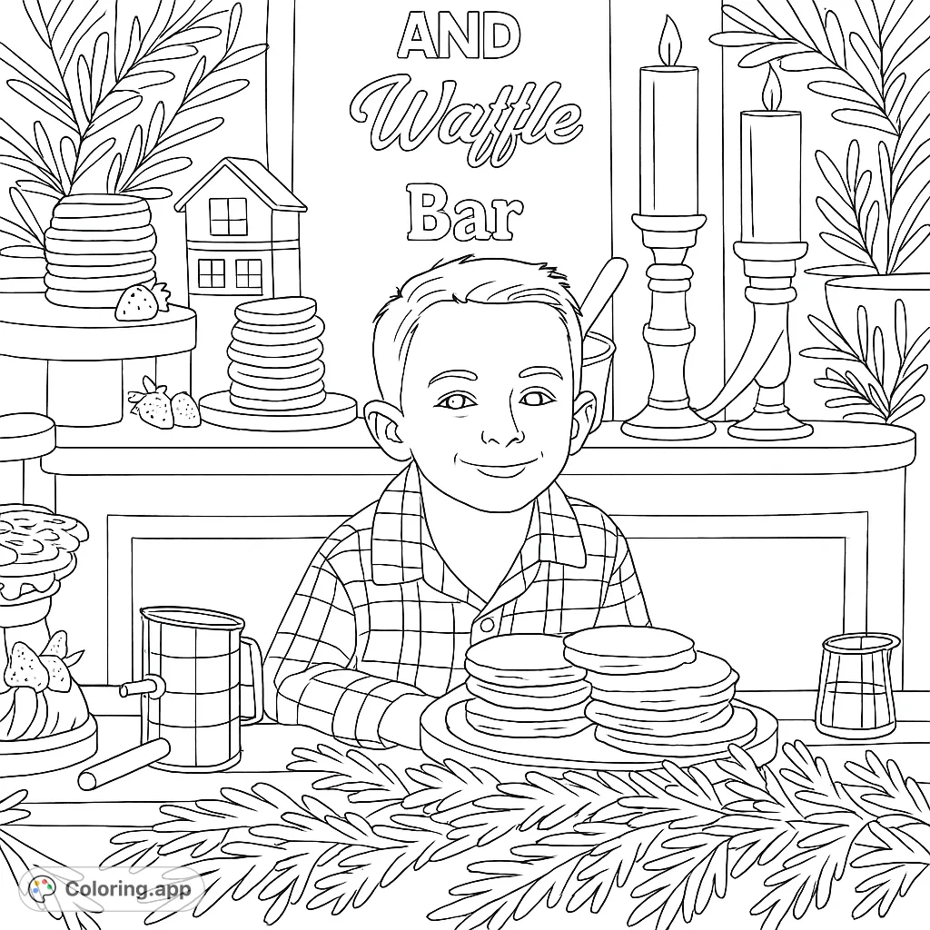 A charming boy at a festive breakfast bar, surrounded by stacks of pancakes, waffles, and holiday decorations, offering a delightful scene for coloring fun.