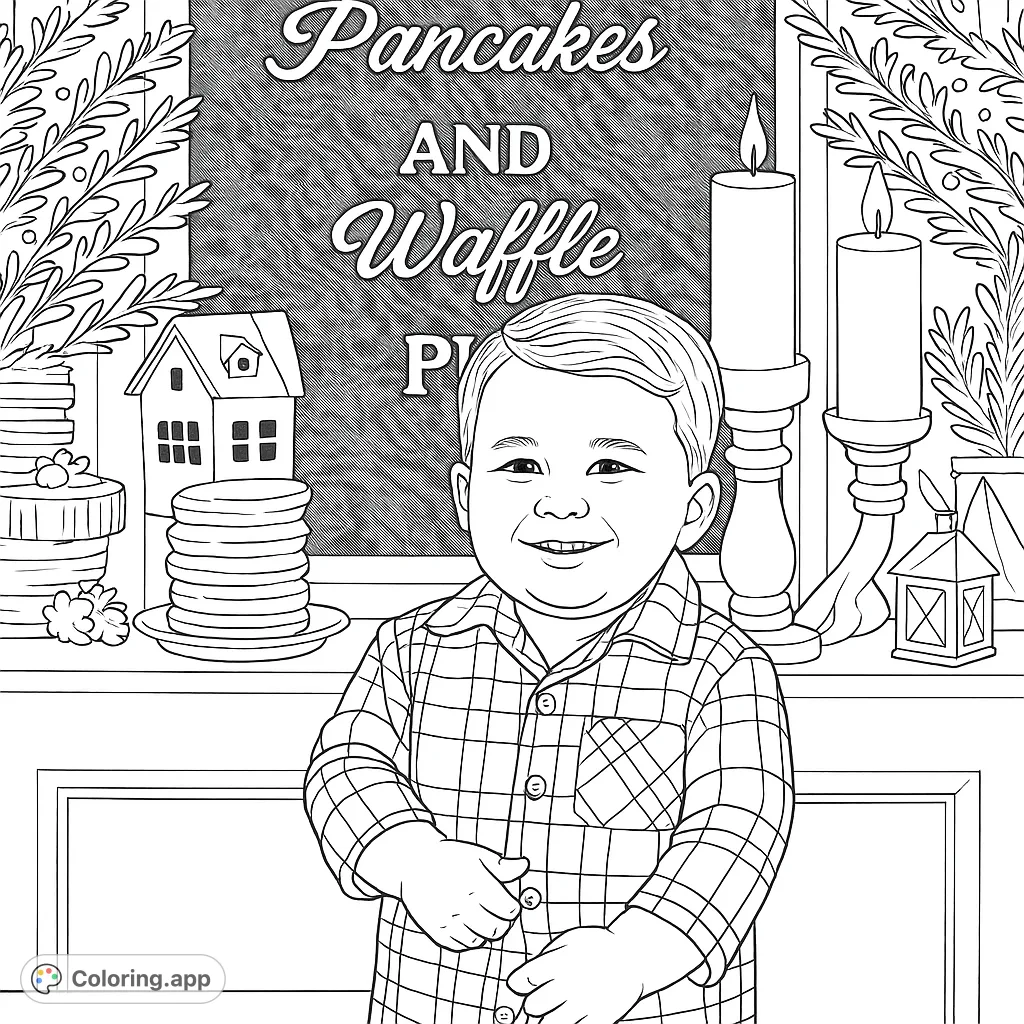 A joyful child in a plaid shirt stands before a cozy breakfast scene with pancakes, berries, and candles. Perfect for a heartwarming coloring experience.
