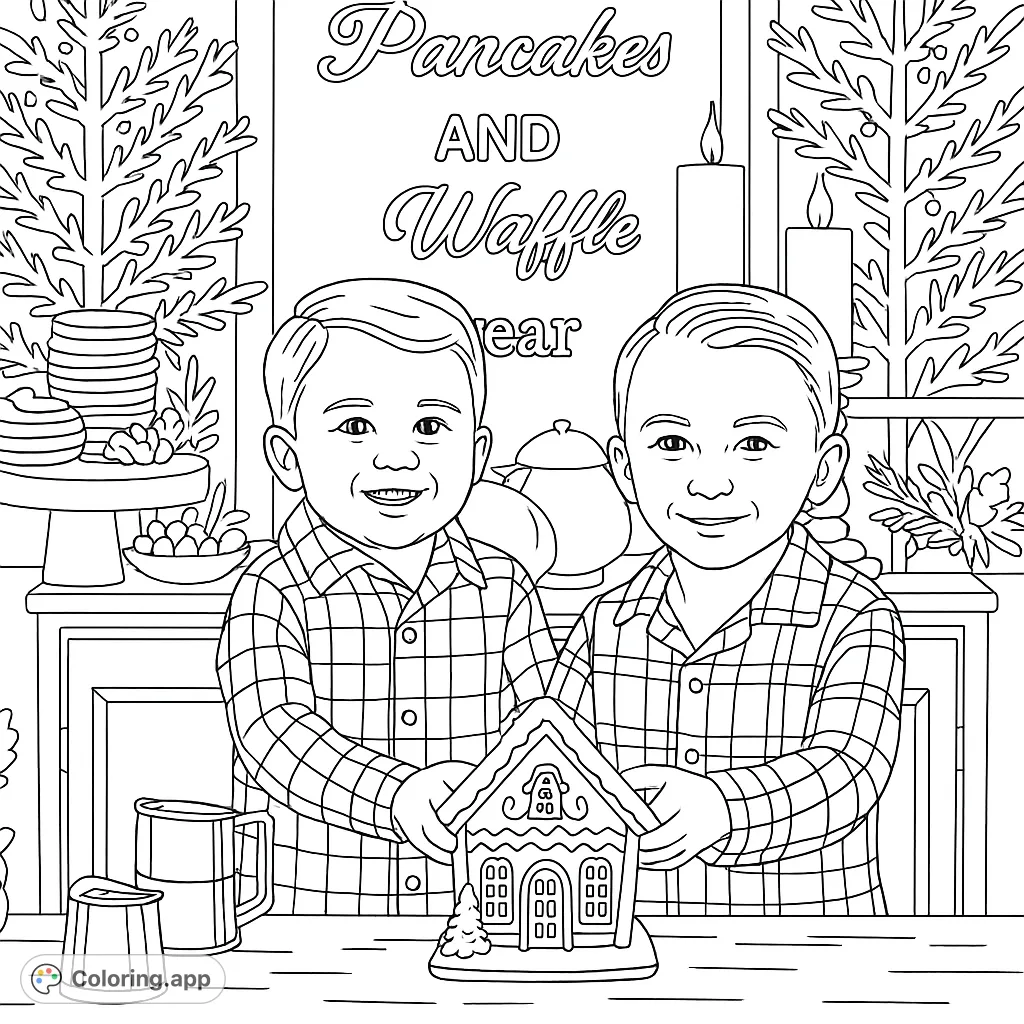 Two cheerful boys in patterned pajamas proudly present a detailed gingerbread house. A festive background with baking elements sets a cozy, delightful scene.