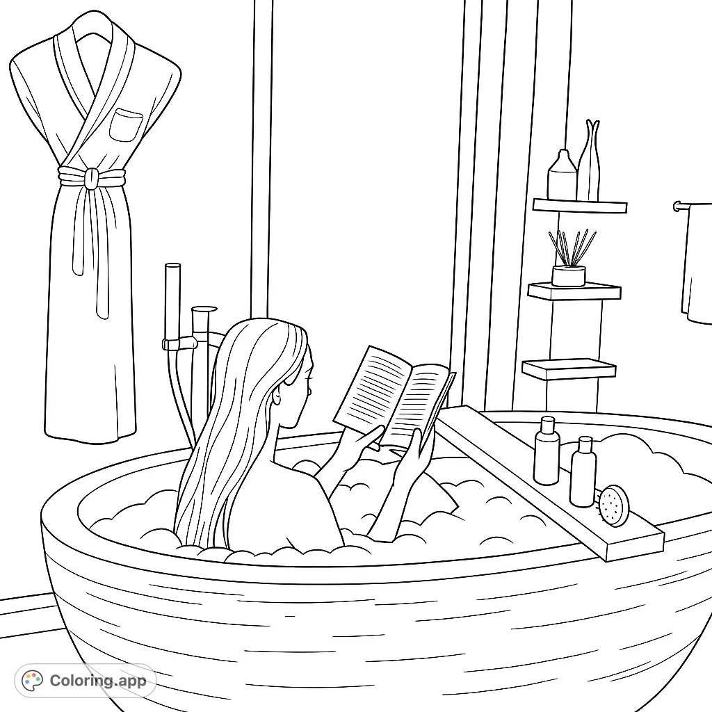 Unwind with this relaxing bath scene coloring page. A person enjoys a book in a luxurious tub, surrounded by bubbles and tranquil bathroom details.