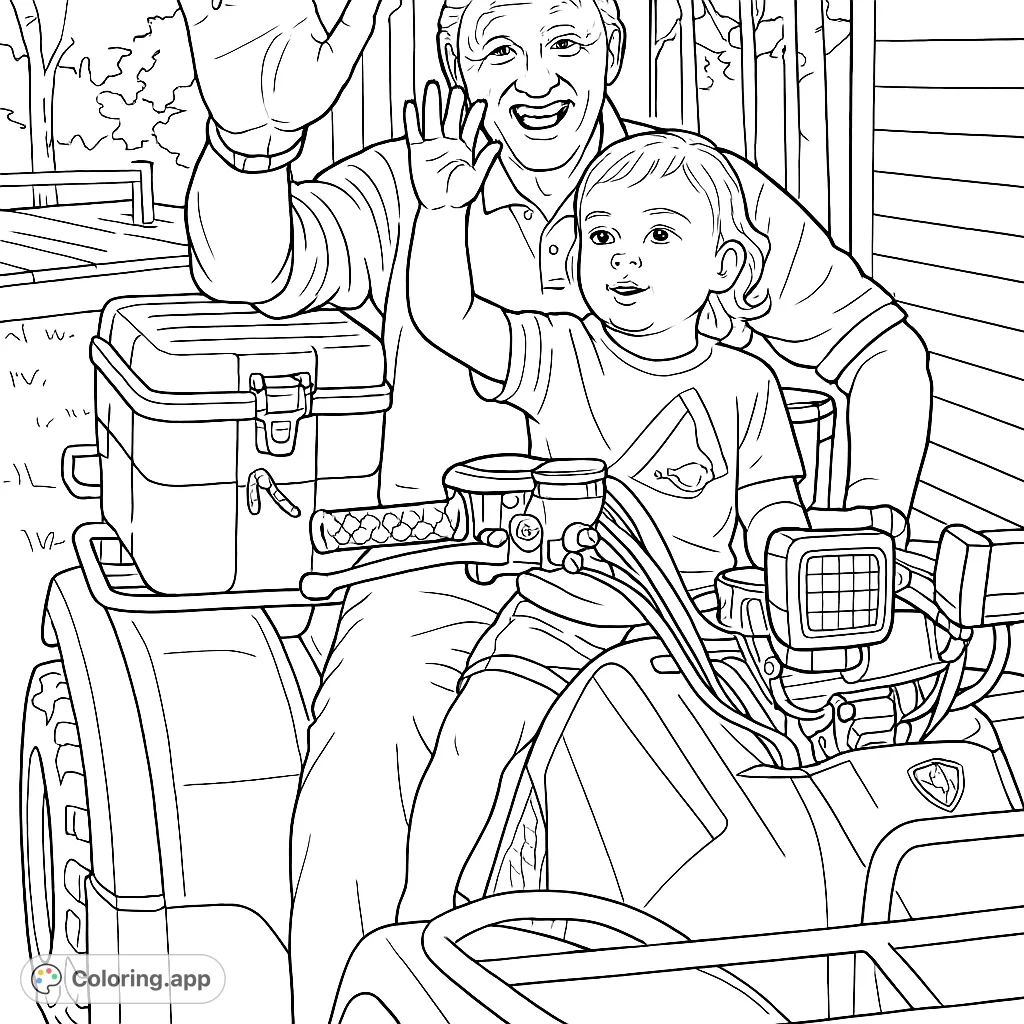 A heartwarming ATV family adventure coloring page featuring a man and a child joyfully waving, perfect for capturing cherished outdoor memories and creative fun.